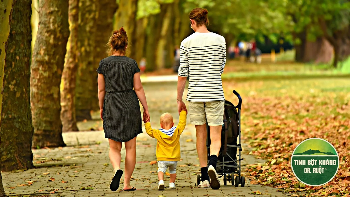 Hai người lớn dắt tay một bé đi bộ trên lối đi lát gạch trong công viên mùa thu, bên cạnh có xe đẩy.